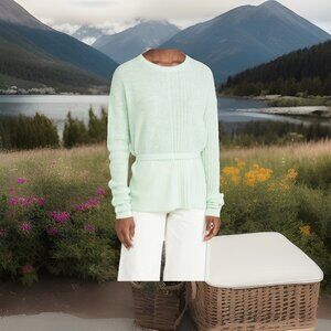 HELMUT LANG Sweater Women Sz S Belted Ribbed Crew neck Alpaca Blend Mint Green‎